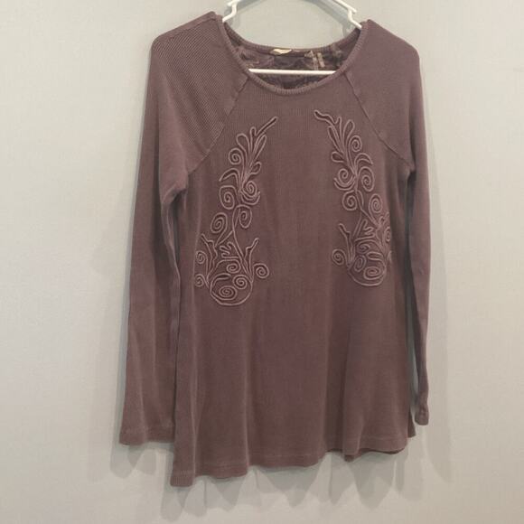 Soft Surroundings Womens Thermal Shirt XS Purple Embroidered Waffle Knit Boho - Picture 1 of 7